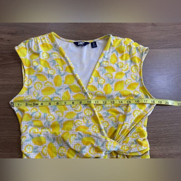 Lands’ End V-Neck Gathered Faux-Wrap Dress In Yellow Lemon Check Size Medium - Picture 8 of 9